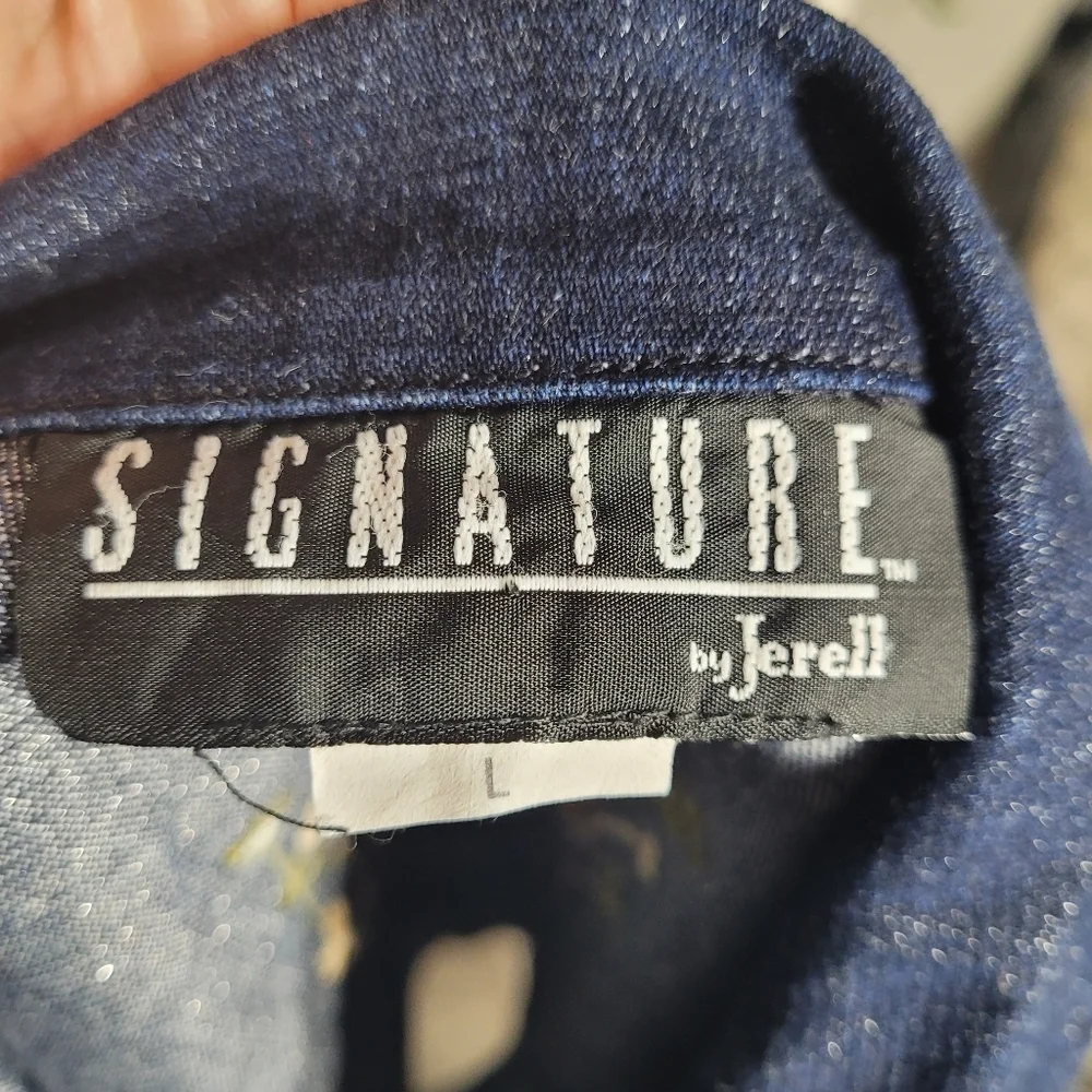 Vintage Signature By Jerell Blue Denim Jacket with Fringe Raw Hem and Embroidery